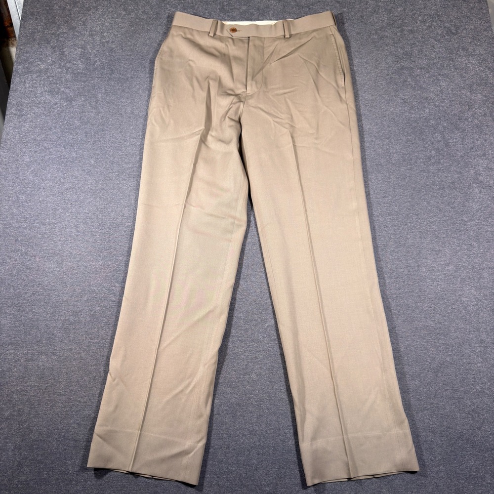 Brooks Brothers Madison Dress Pants Mens 33x32 Tan 100% Wool Flat Front Academia